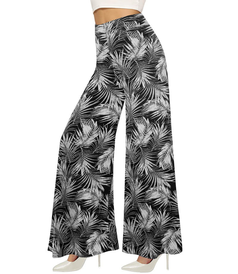 Flowy Skirt-Style Wide-Leg Pants – White Leaf Print