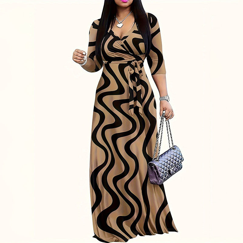 GeoGlow Maxi – V-Neck Tie Waist Dress with ¾ Sleeves