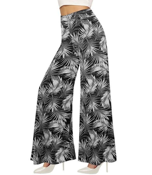 Flowy Skirt-Style Wide-Leg Pants – White Leaf Print