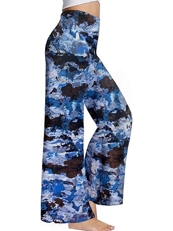 Boho Wide-Leg Trousers – Blue & Brown Skirt-Style Print