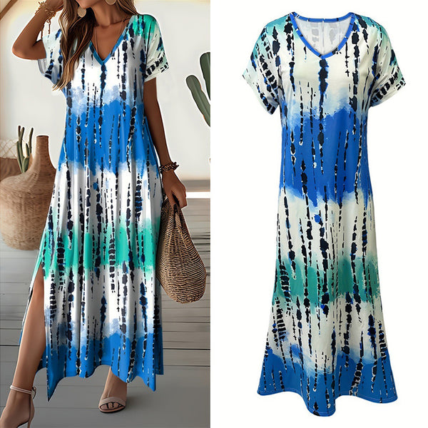 TieDye Breeze™ – V-Neck Split Maxi Dress for Effortless Summer Style