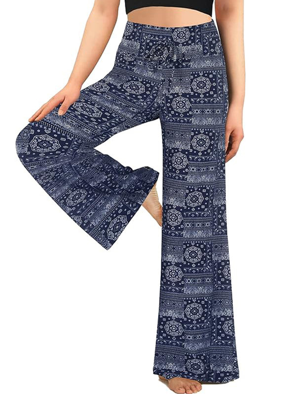 BohoFlow™ Wide-Leg Ethnic Print Pants – Skirt Style Elegance in Blue