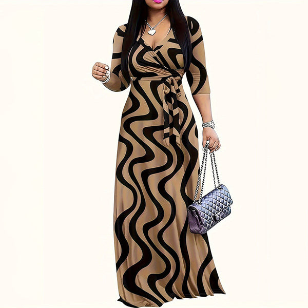 GeoGlow Maxi – V-Neck Tie Waist Dress with ¾ Sleeves